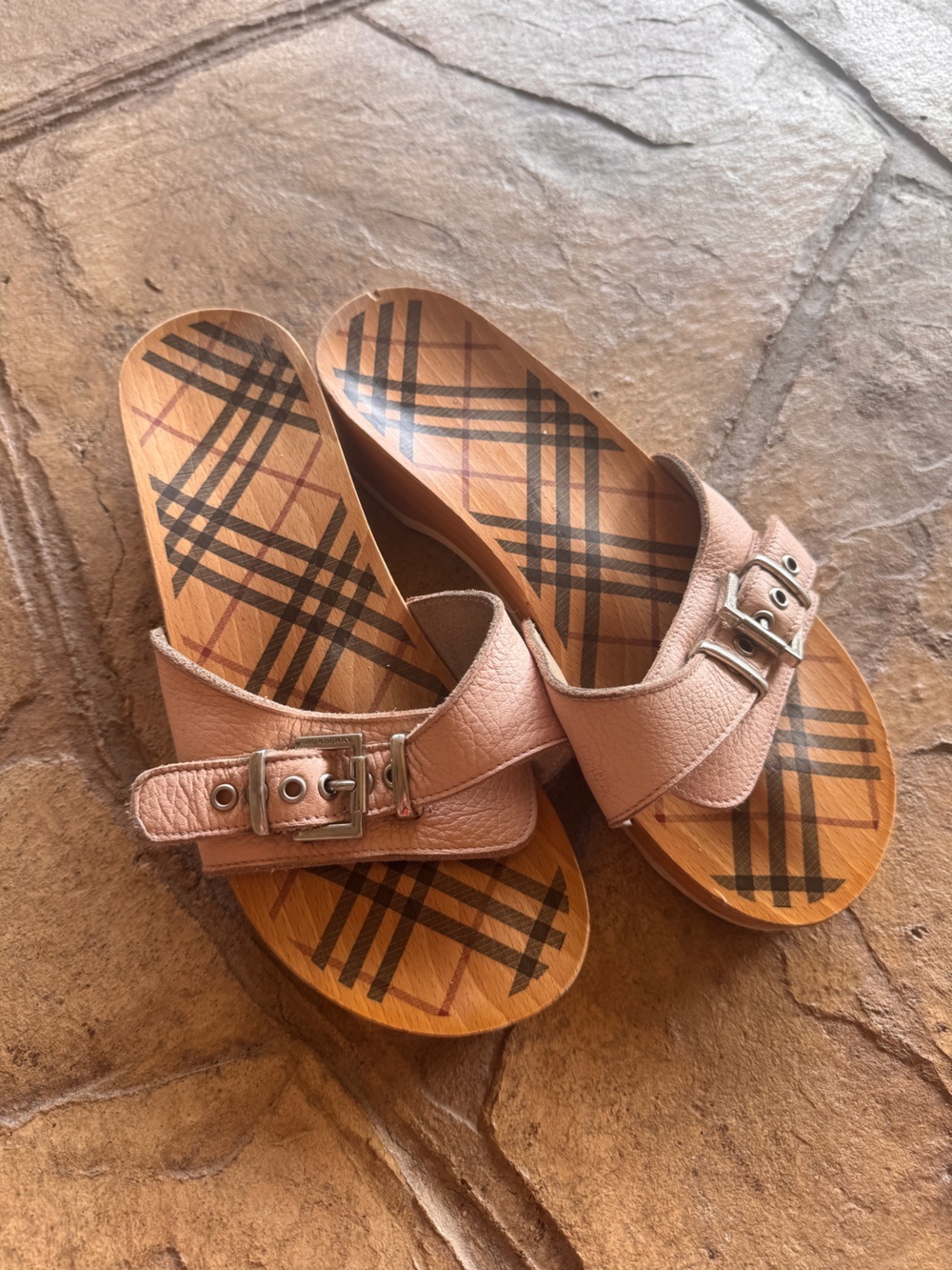 Burberry Brigitte Pink Leather Wooden Clog Slide Sandals Nova Check Plaid EU 40